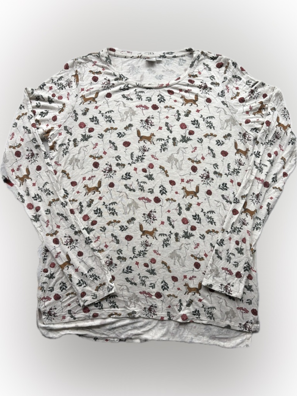 Whimsical Horse & Fox Print Lightweight Long Sleeve Tee
